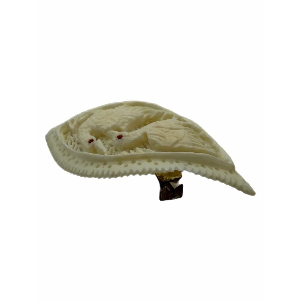 Vintage Hand Carved Bovine Bone Bird Brooch Pierced Openwork Cream Trombone